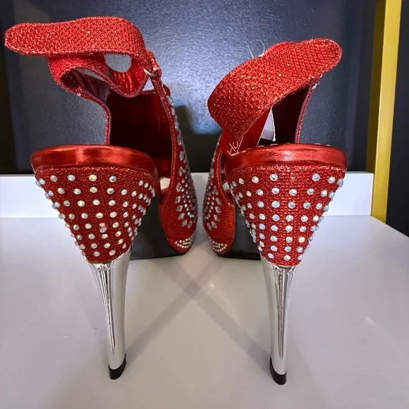 Red Rhinestone Peep-Toe Platform Heels - Picture 2 of 4